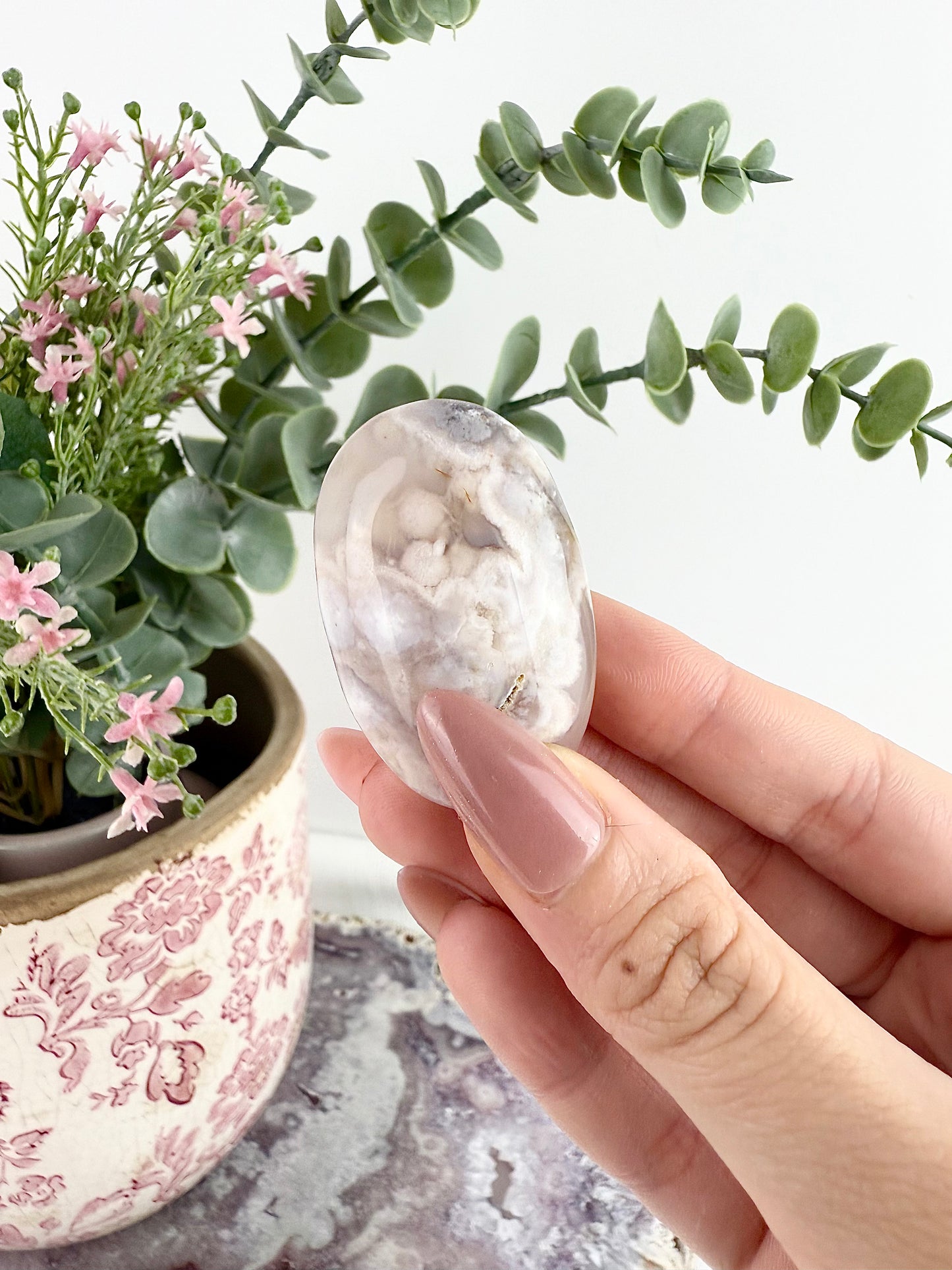 Pink Amethyst x Flower Agate Palm Stones