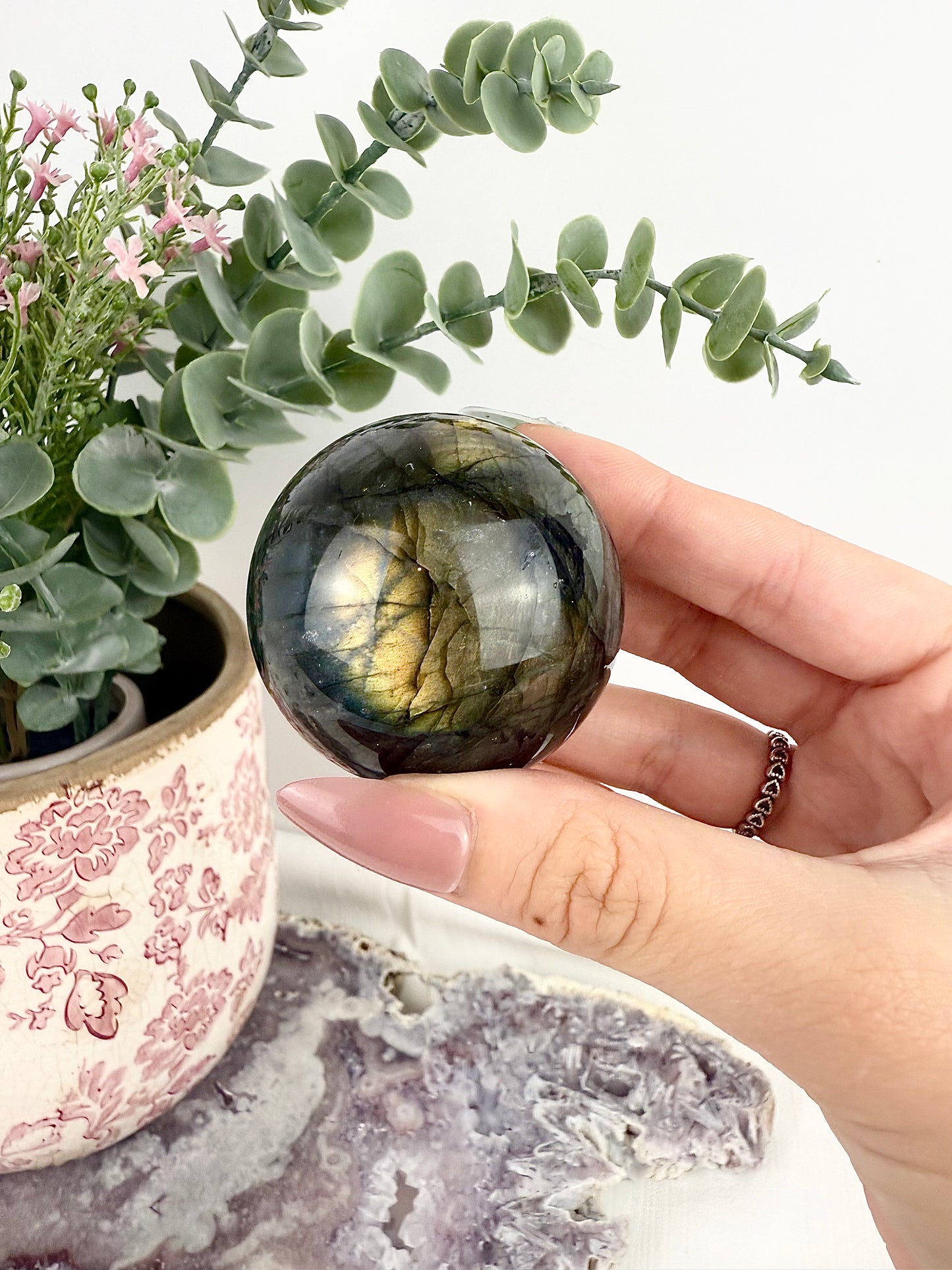 Flashy Labradorite Sphere with Glass Stand