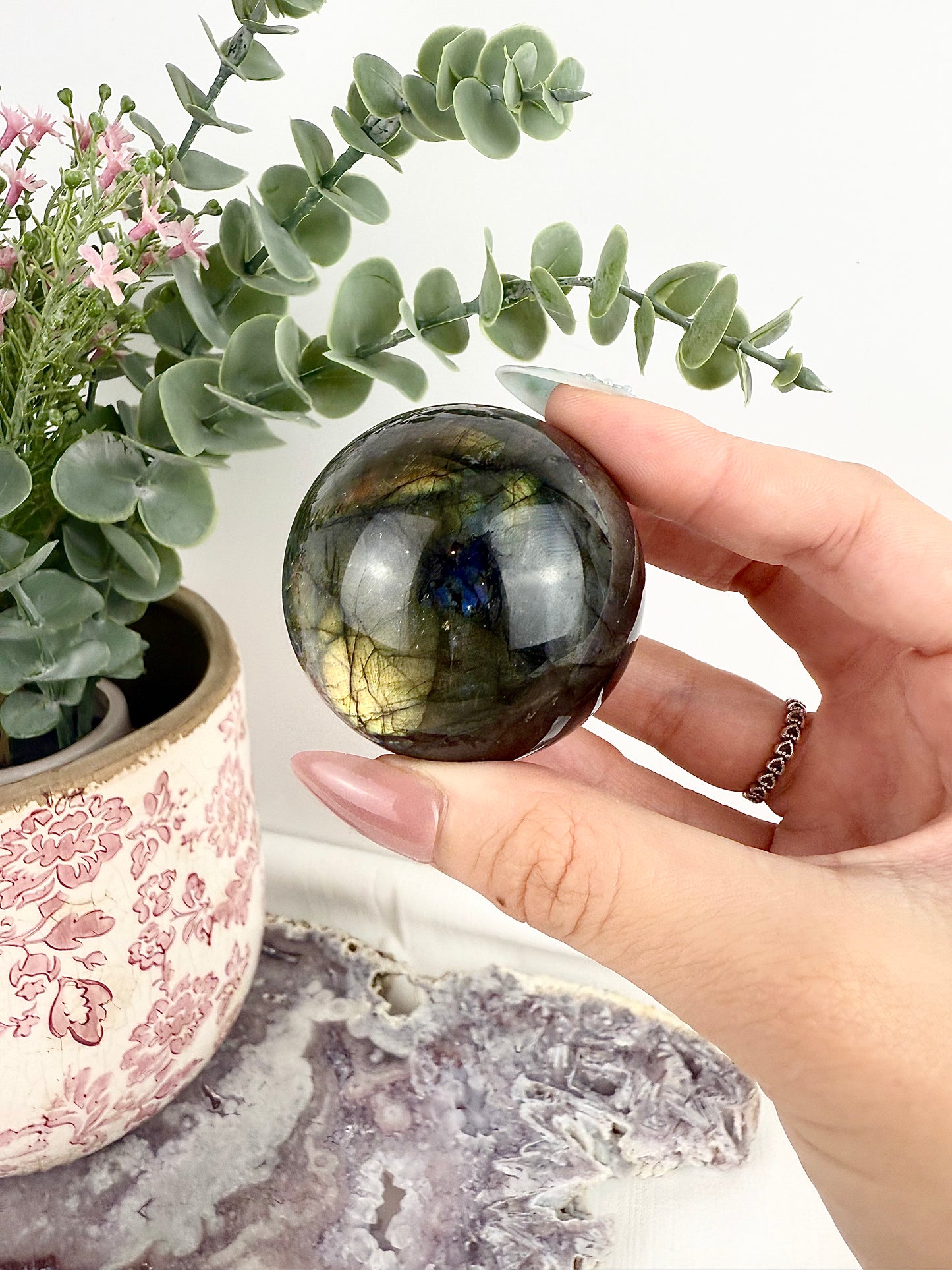 Flashy Labradorite Sphere with Glass Stand