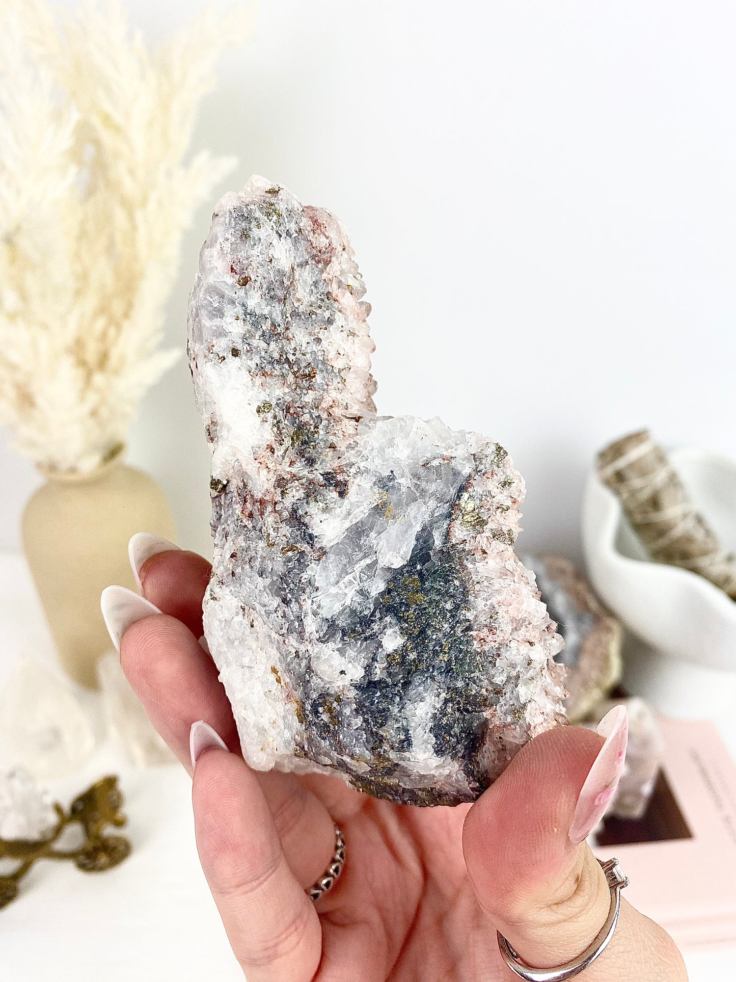 Red Clear Quartz with Calcite and Pyrite Large Cluster