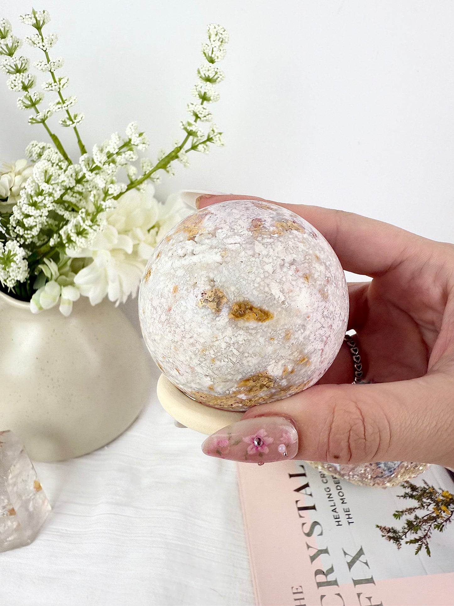 Pink Cotton Candy Agate Sphere with Wooden Stand