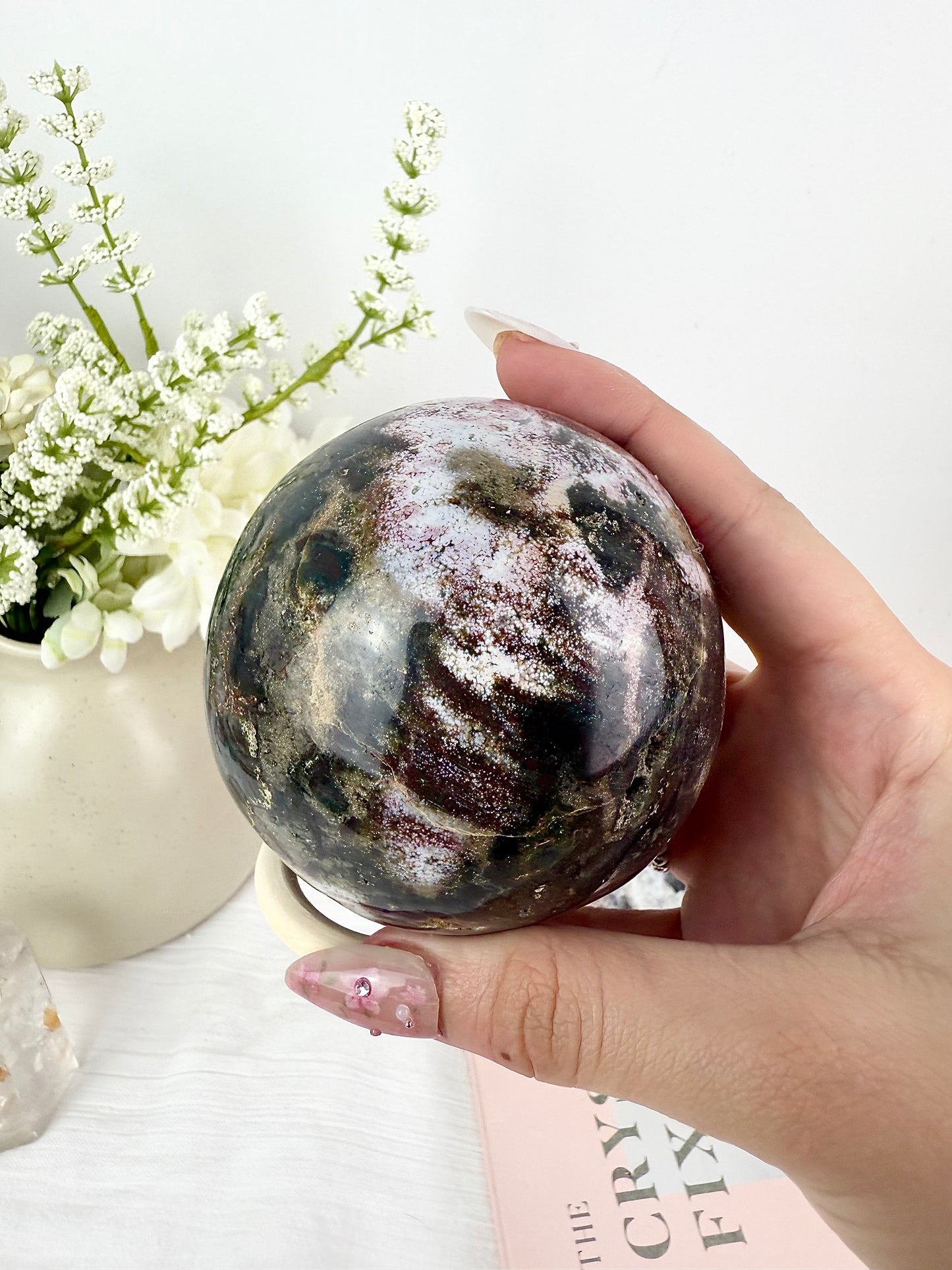 Pink & Brown Ocean Jasper Sphere with Wooden Stand
