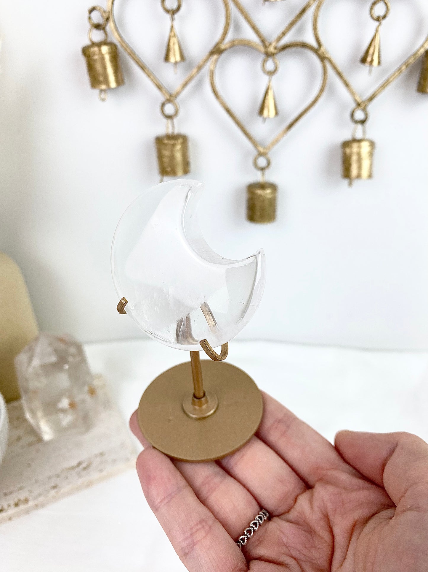 Clear Quartz Moon on Bronze Stand