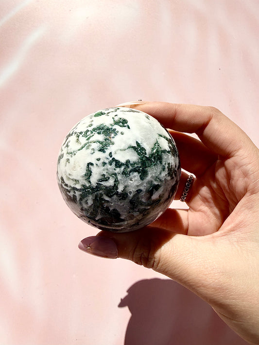 Moss Agate Sphere with Wooden Stand