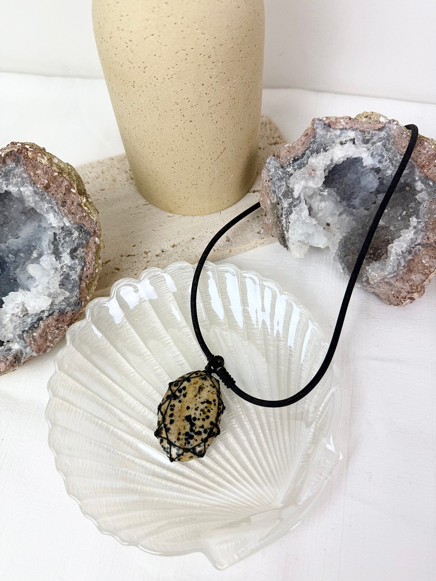 Dalmatian Jasper Necklace with Black Wax Cord