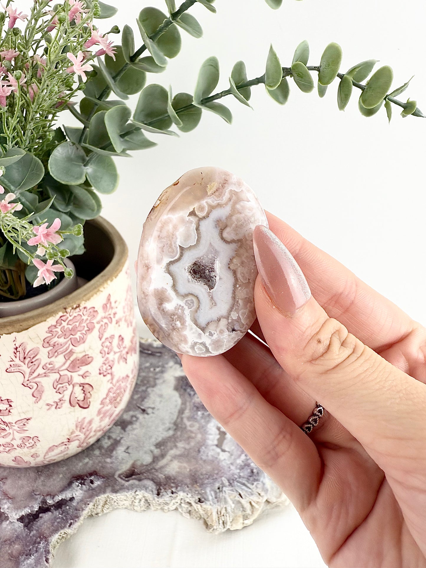 Pink Amethyst x Flower Agate Palm Stones
