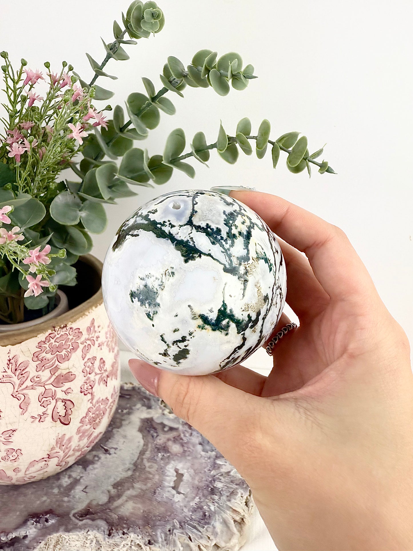 Moss Agate Large Sphere with Glass Stand