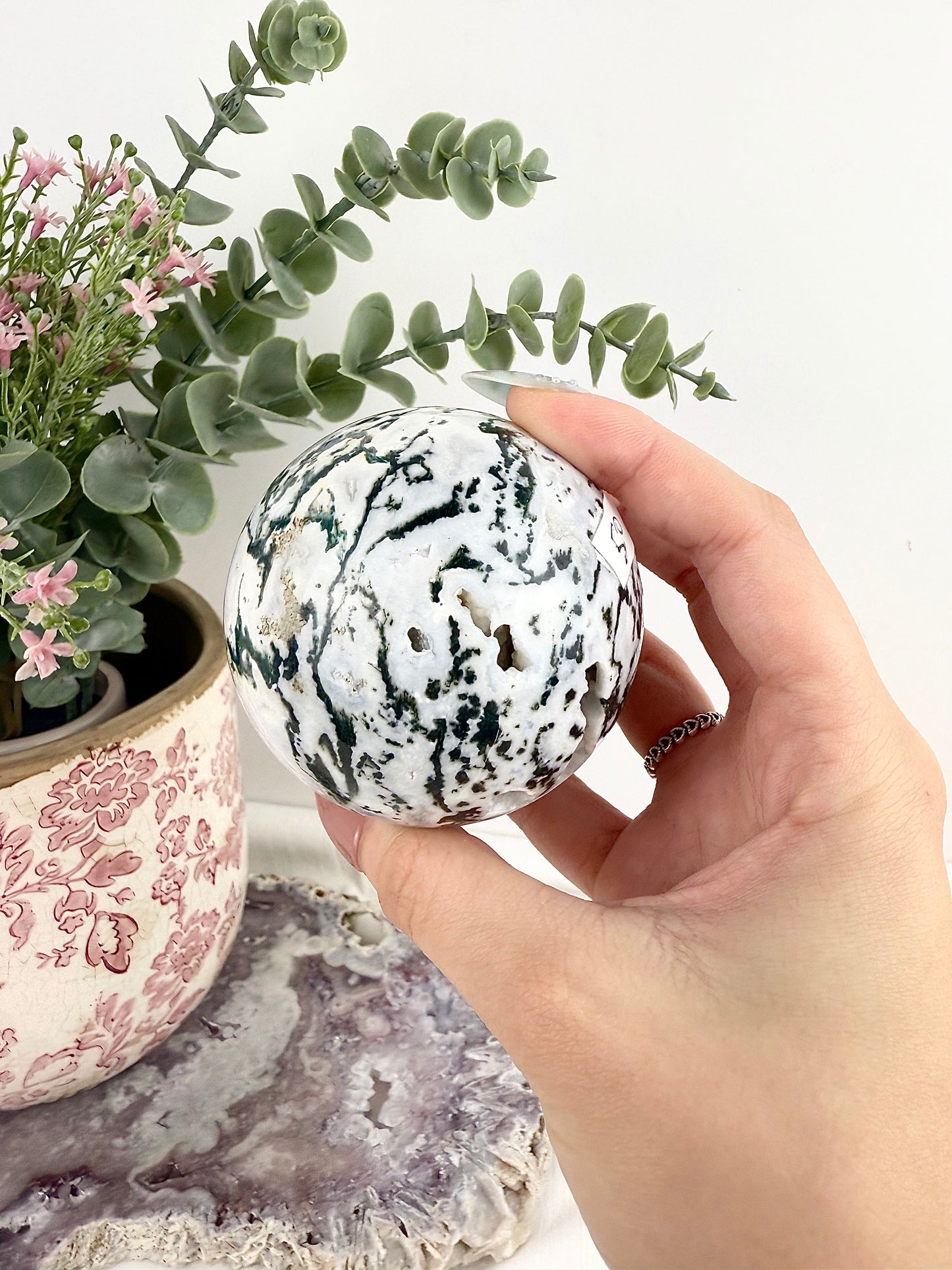 Moss Agate Large Sphere with Glass Stand