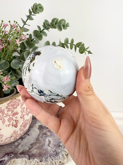 Moss Agate Large Sphere with Glass Stand