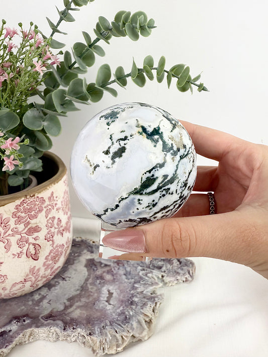 Moss Agate Large Sphere with Glass Stand