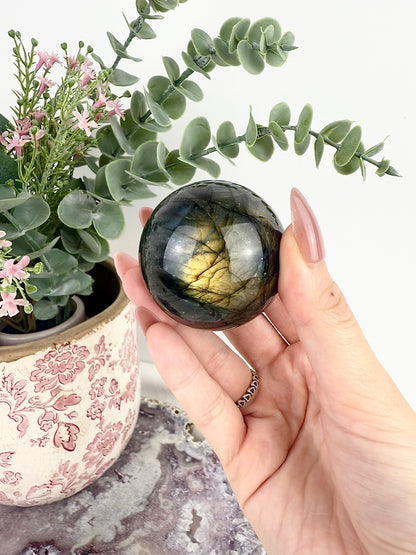 Flashy Labradorite Sphere with Glass Stand
