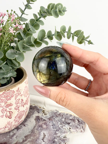 Flashy Labradorite Sphere with Glass Stand