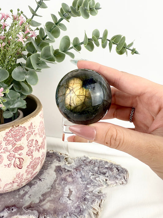 Flashy Labradorite Sphere with Glass Stand