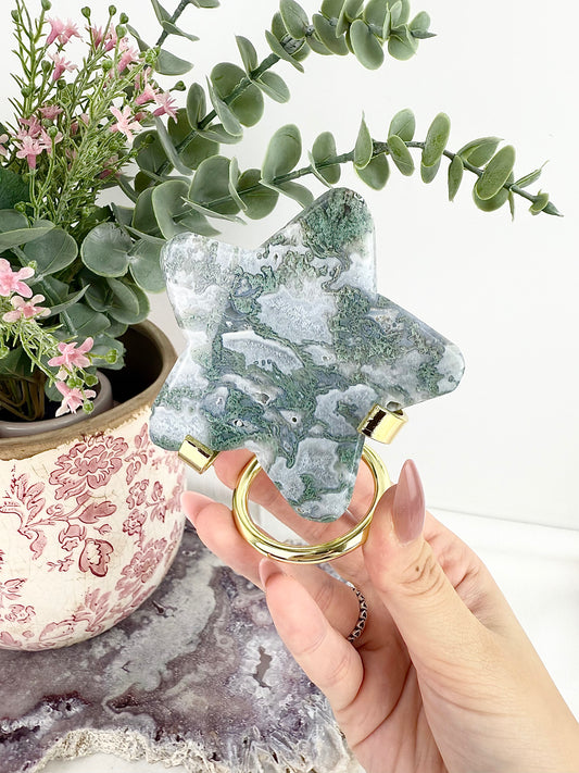 Moss Agate Star with Gold Stand