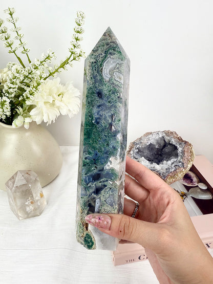 Druzy Moss Agate Extra Large Tower