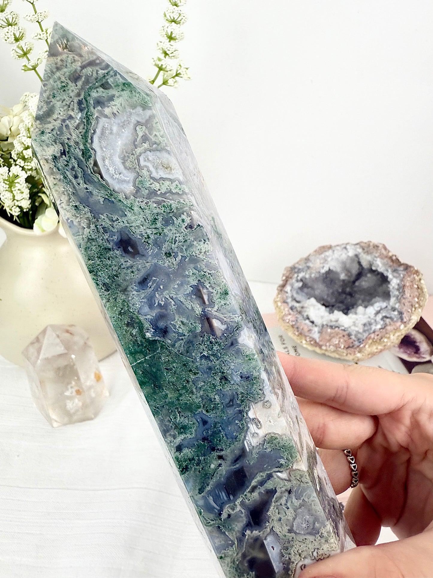 Druzy Moss Agate Extra Large Tower