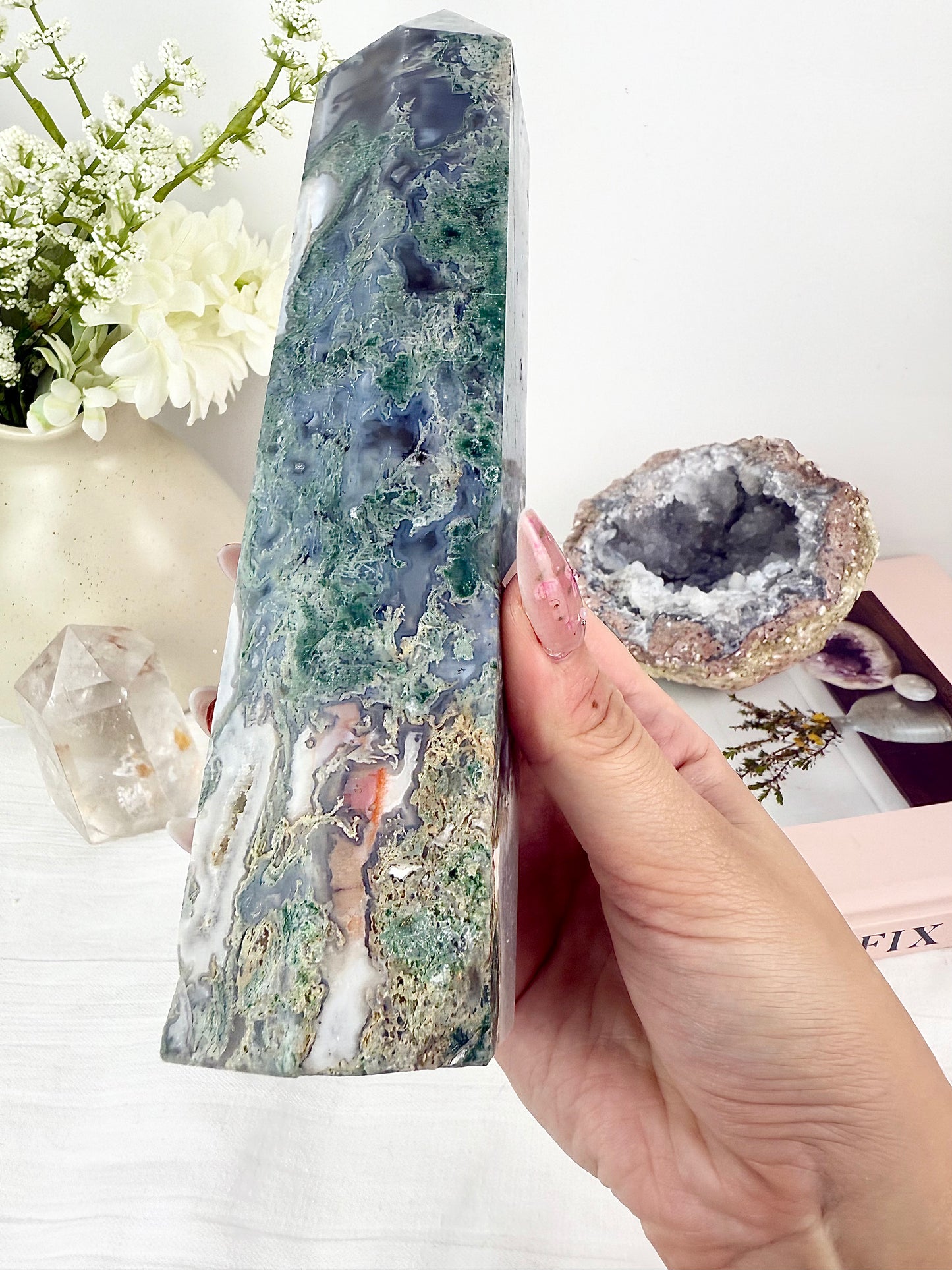 Druzy Moss Agate Extra Large Tower