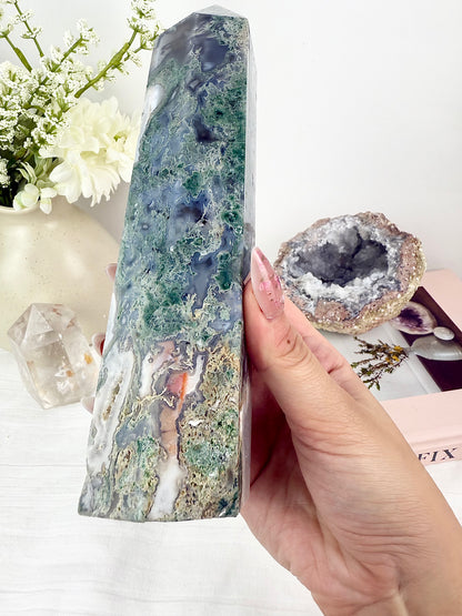 Druzy Moss Agate Extra Large Tower