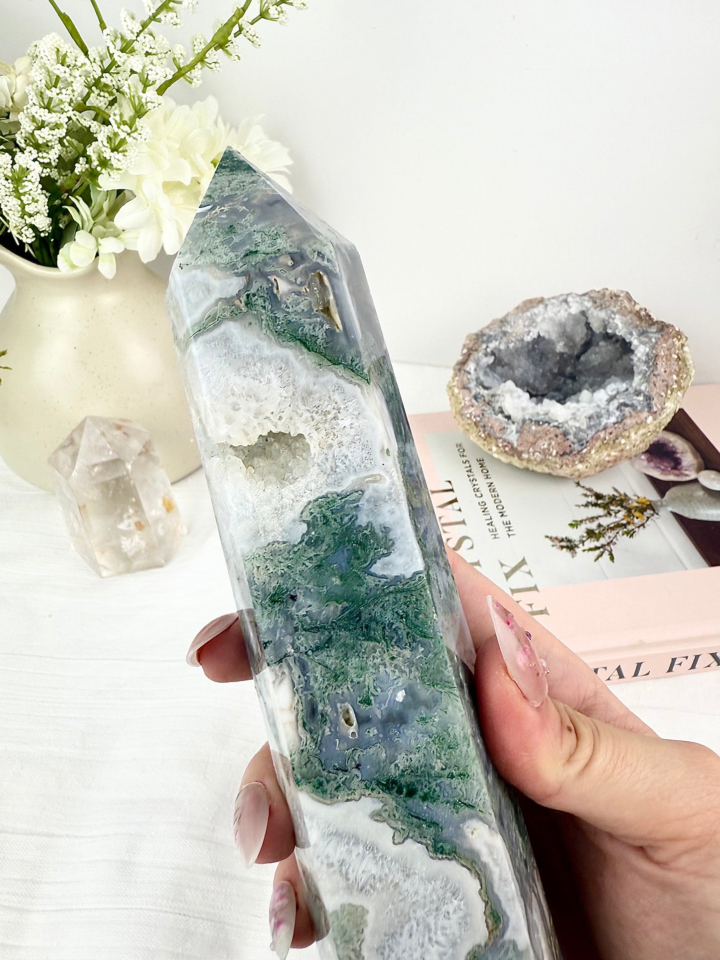 Druzy Moss Agate Extra Large Tower