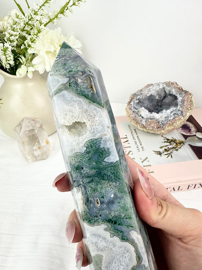 Druzy Moss Agate Extra Large Tower