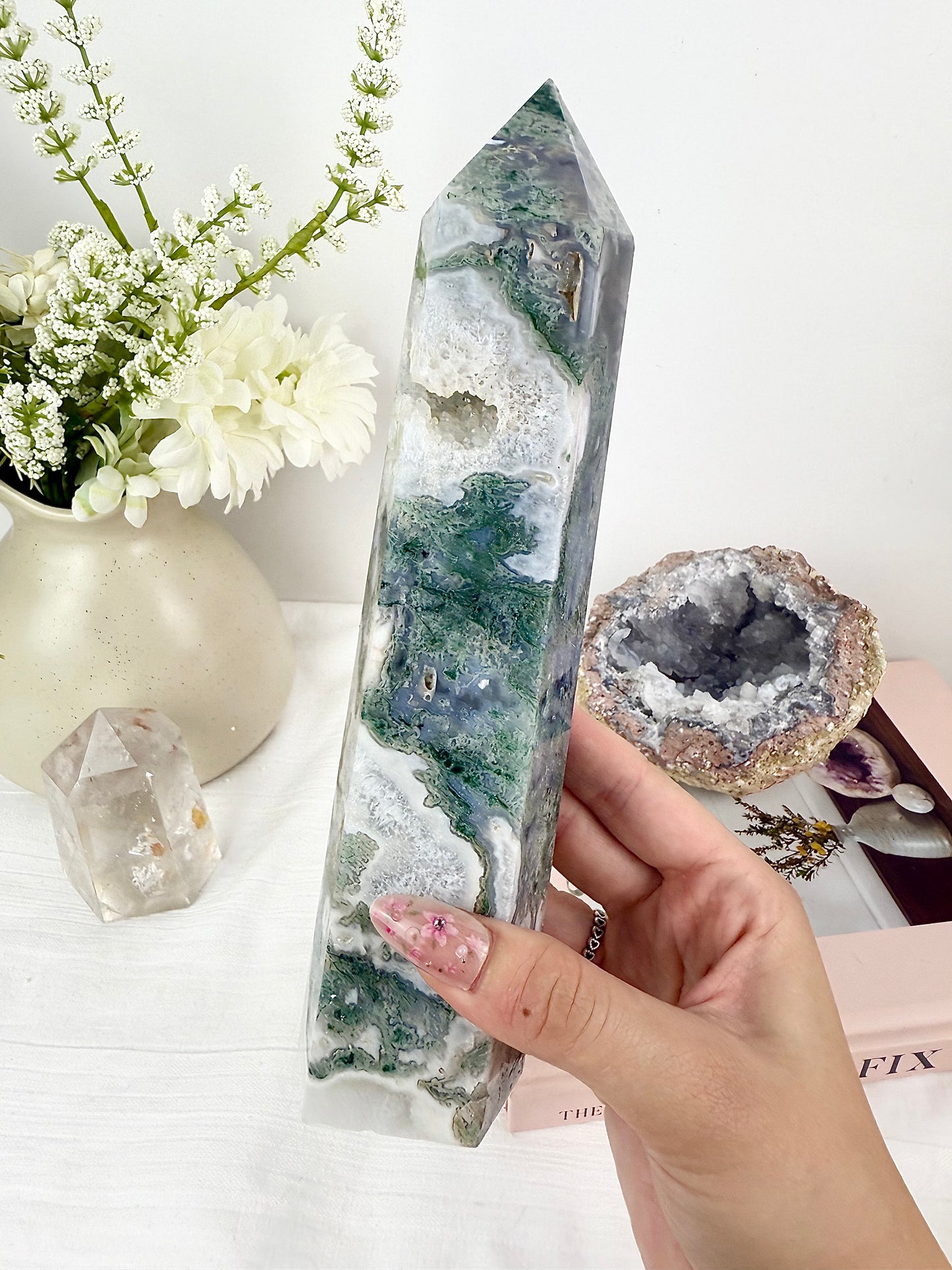 Druzy Moss Agate Extra Large Tower