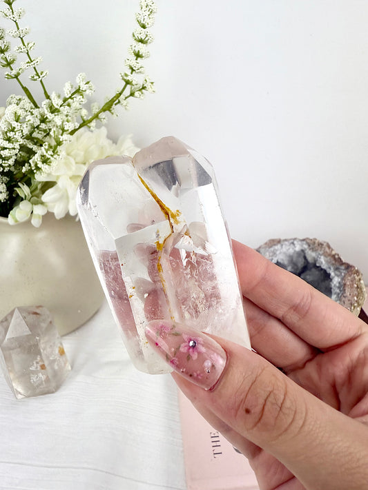 Clear Quartz High Quality Double Towers with Golden Healer Inclusion