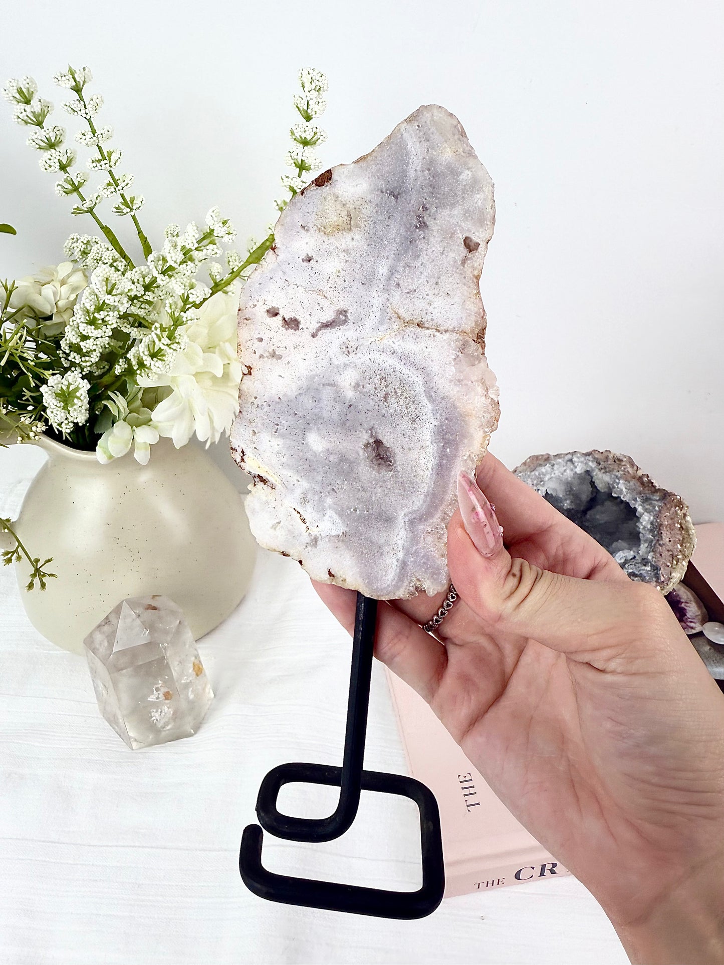 Pink Amethyst x Flower Agate Slab on Metal Stand