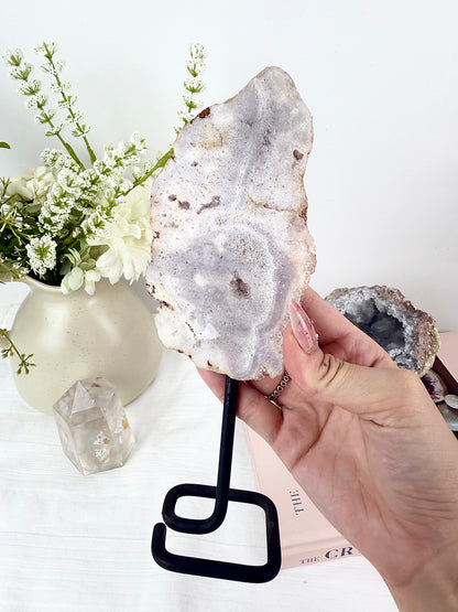 Pink Amethyst x Flower Agate Slab on Metal Stand