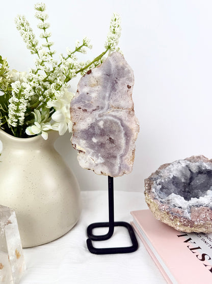 Pink Amethyst x Flower Agate Slab on Metal Stand