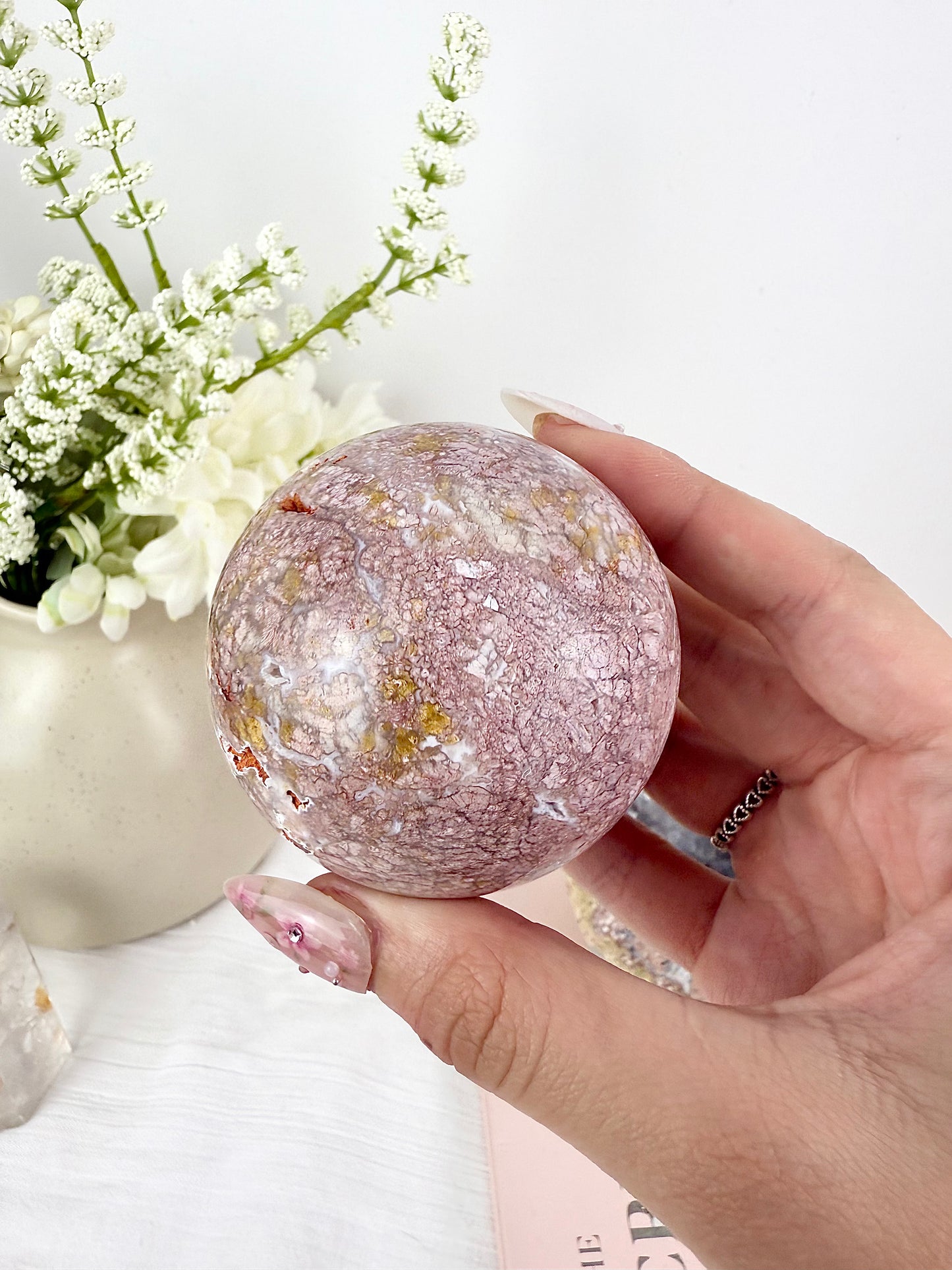 Pink Agate Sphere with Wooden Stand
