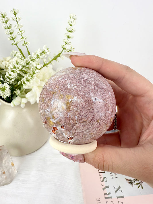 Pink Agate Sphere with Wooden Stand
