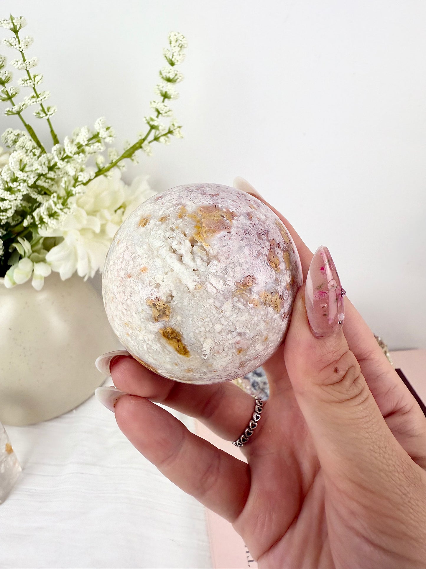 Pink Cotton Candy Agate Sphere with Wooden Stand