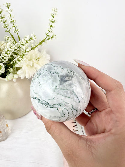 Moss Agate Sphere with Wooden Stand