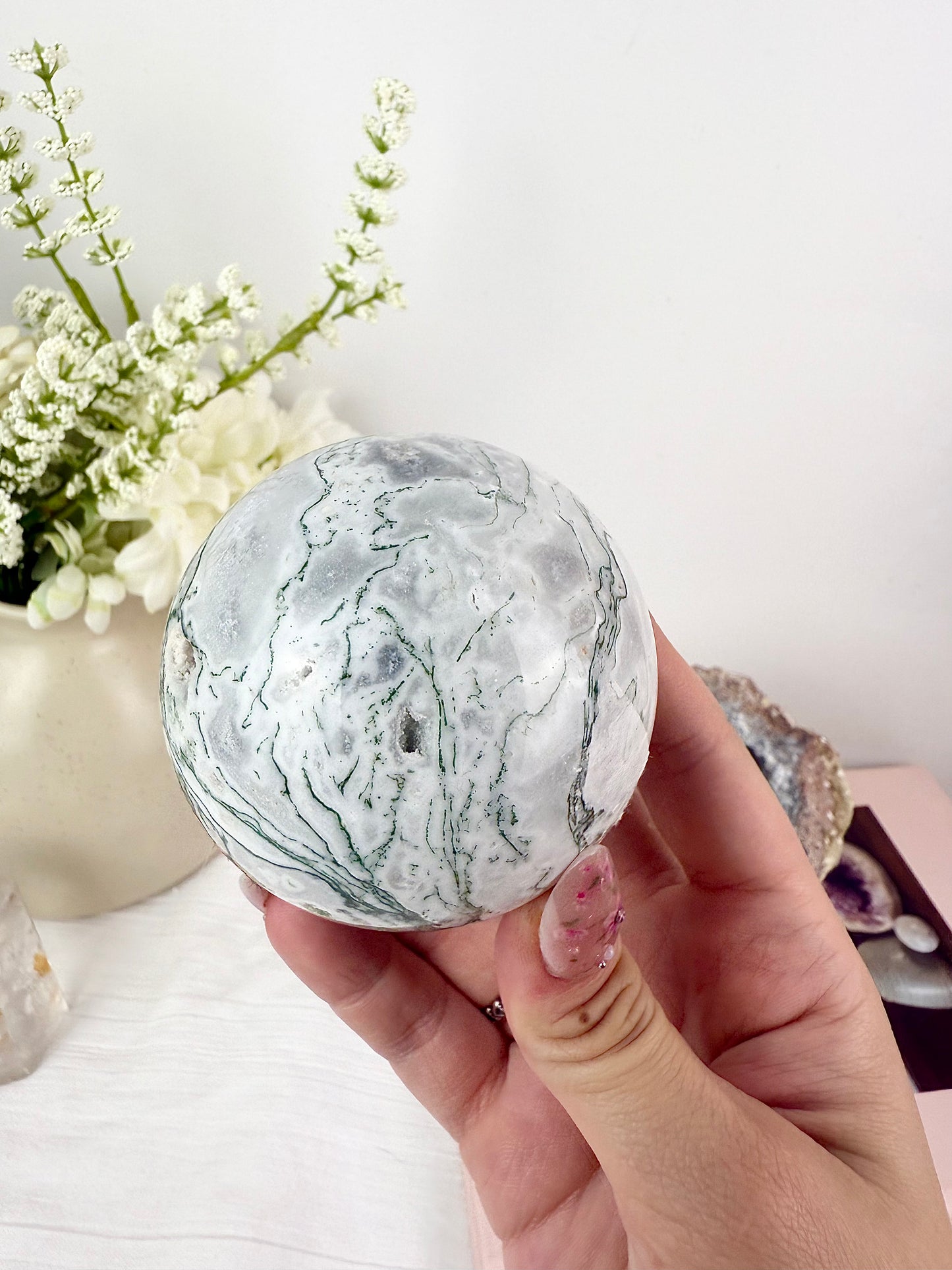 Moss Agate Sphere with Wooden Stand