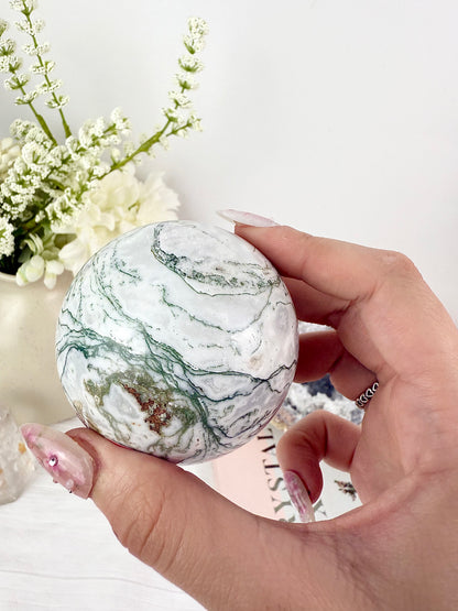 Moss Agate Sphere with Wooden Stand