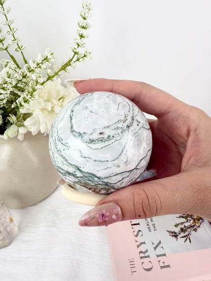 Moss Agate Sphere with Wooden Stand