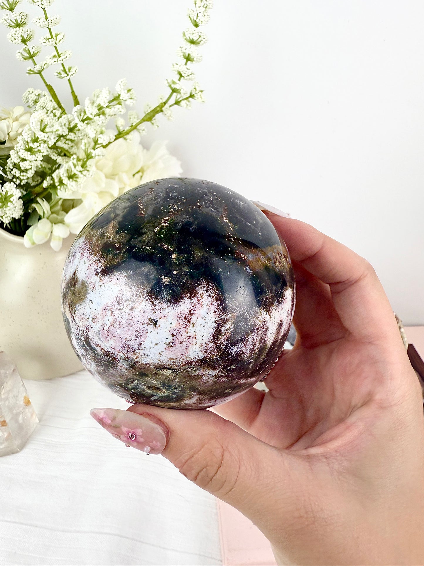 Pink & Brown Ocean Jasper Sphere with Wooden Stand
