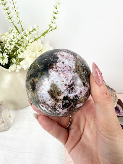 Pink & Brown Ocean Jasper Sphere with Wooden Stand