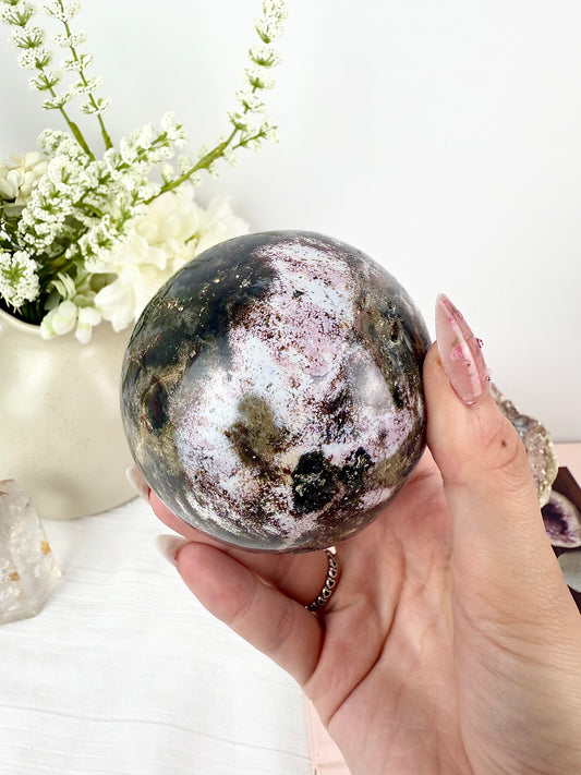 Pink & Brown Ocean Jasper Sphere with Wooden Stand
