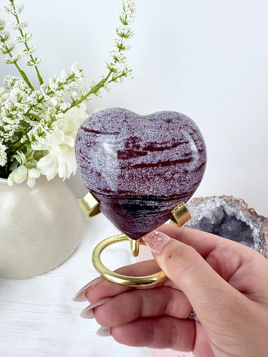Purple Ocean Jasper Heart on Gold Stand