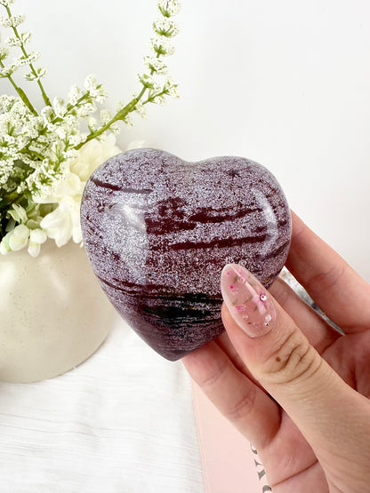 Purple Ocean Jasper Heart on Gold Stand