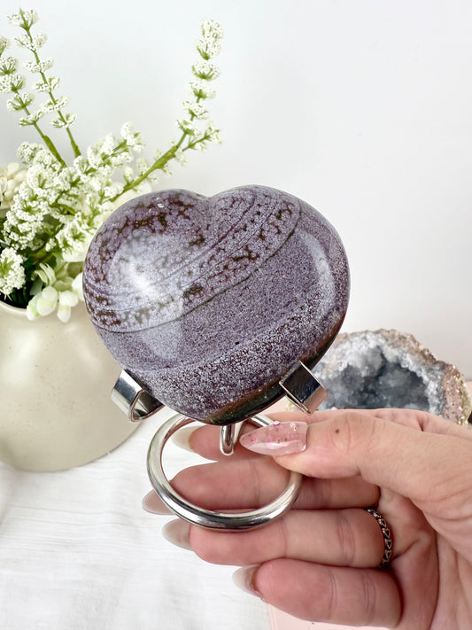 Purple Ocean Jasper Heart on Silver Stand