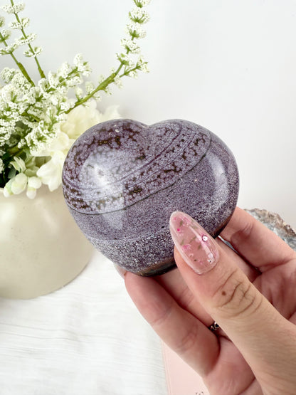 Purple Ocean Jasper Heart on Silver Stand