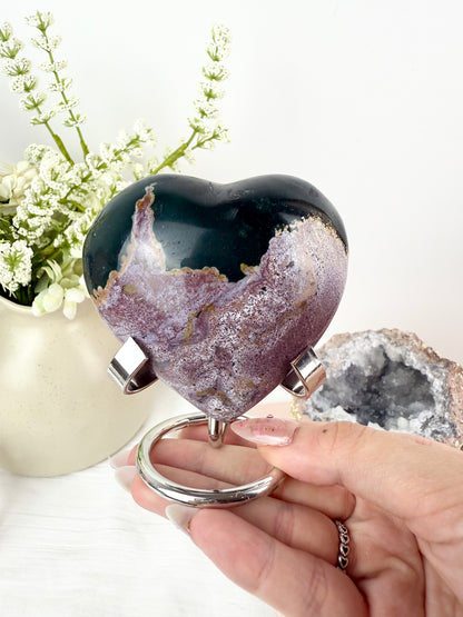 Purple Ocean Jasper Heart on Silver Stand