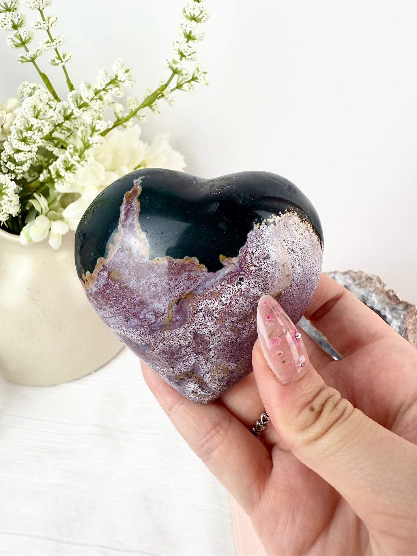 Purple Ocean Jasper Heart on Silver Stand