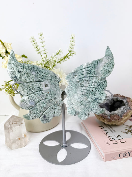 Moss Agate Large Wings with Silver Stand