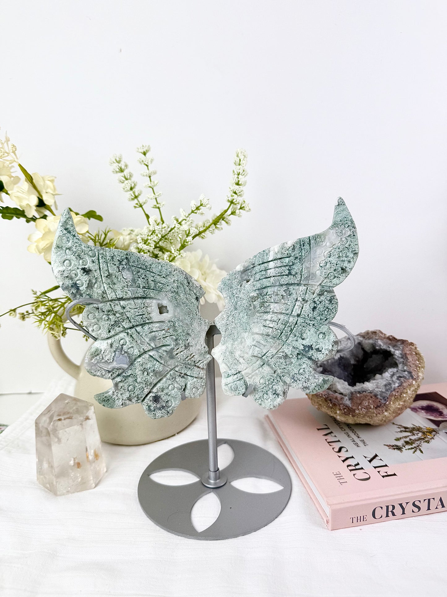 Moss Agate Large Wings with Silver Stand