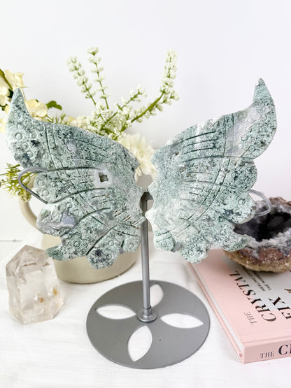 Moss Agate Large Wings with Silver Stand