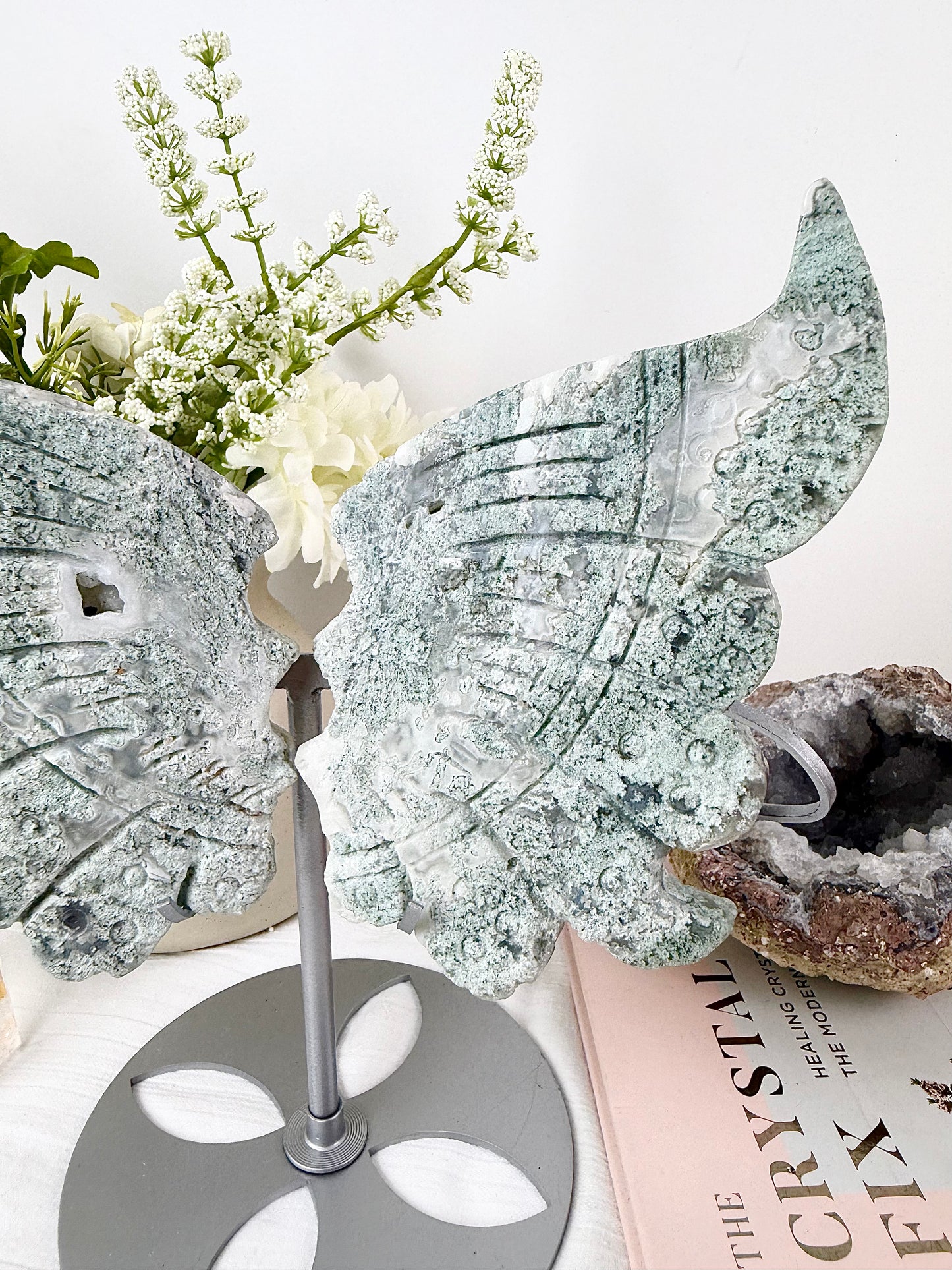 Moss Agate Large Wings with Silver Stand