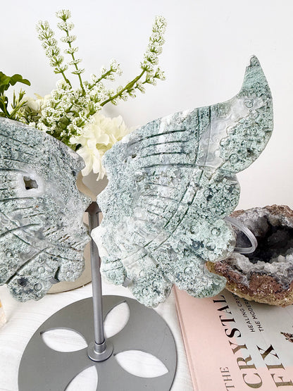 Moss Agate Large Wings with Silver Stand